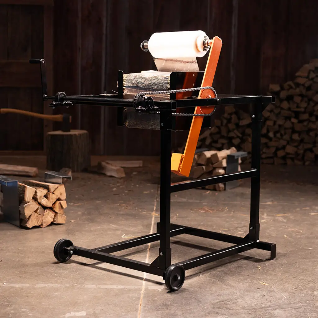 Back view of the IronEmber IronWood Firewood Bundler, showcasing its sturdy steel frame and rotating shrink wrap arm for efficient firewood wrapping.